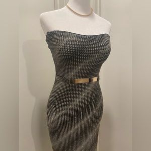 KLAXONS Black & Gold Glitter Strapless Belted Mini Dress - Small